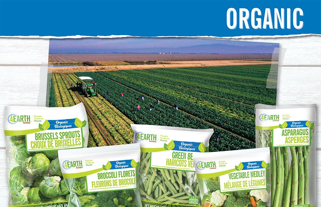 Organic banner with a field photo in the background, with organic 4Earth Farms products in front