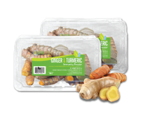 ginger and turmeric roots in clamshells