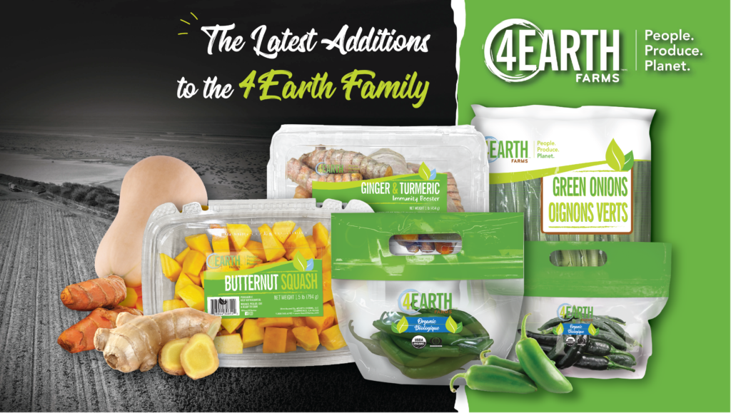 Header with new items including green onions, chiles, butternut squash, and turmeric & ginger combo pack